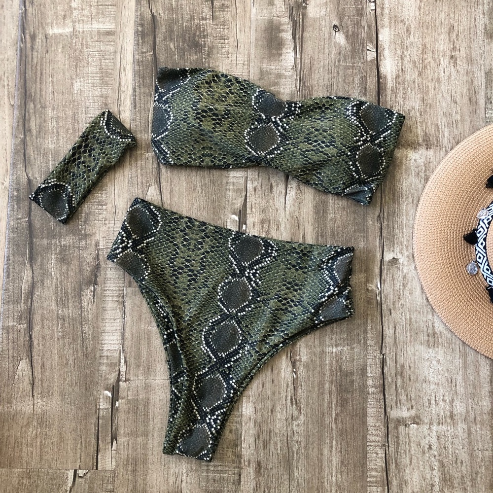 Zaful High Rise High Cut Green Python Bandeau Sna… - image 1